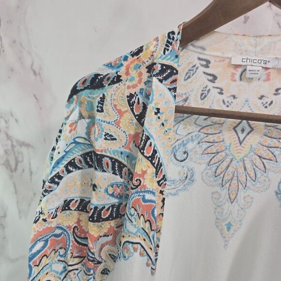 Chicos Cardigan Womens 3 XL White Blue Sweater Lightweight Ruched Sleeve Artsy - Picture 2 of 12